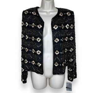 Vintage NWT Papell Boutique Black Silk Beaded Open Front Jacket Women Medium